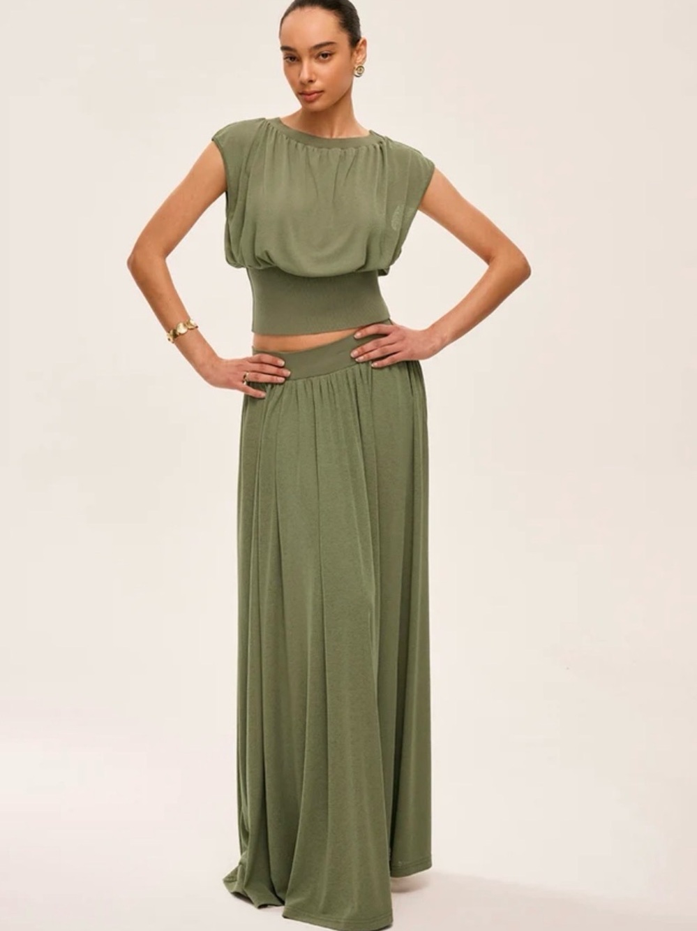 Gathered Waist Top With Flowy Skirt Set Small